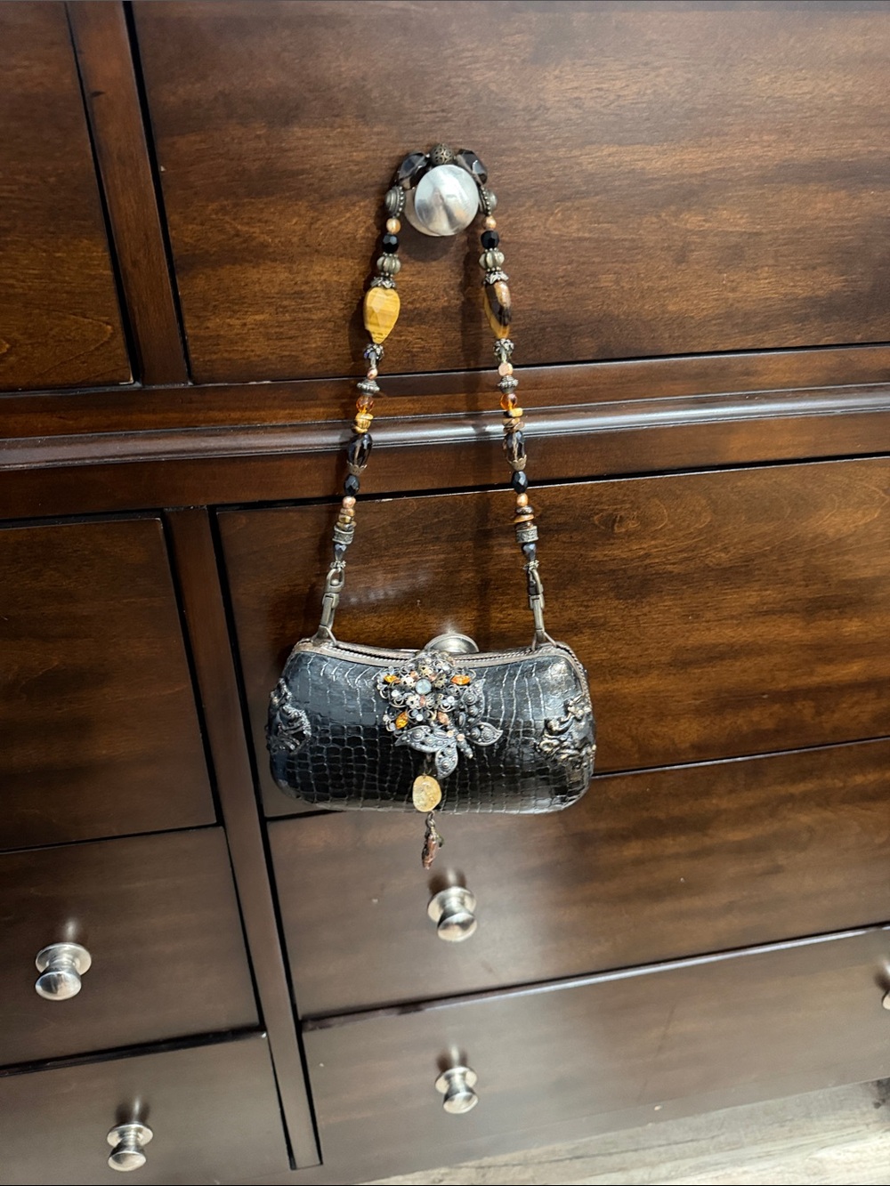 Mary Francis Black Embossed Beaded Handle Evening Bag with Floral Accent